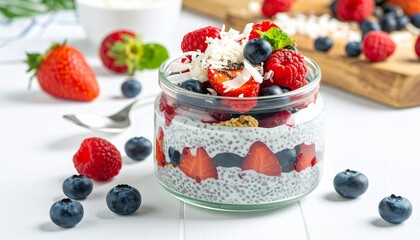 A vibrant vegan dessert made with chia pudding, layered berries, and coconut flakes in a glass jar on a white table.