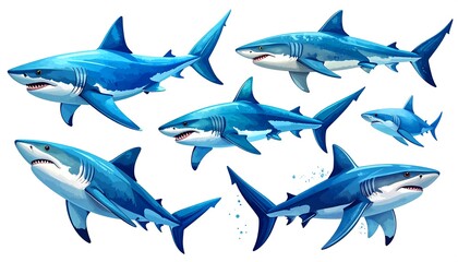 Collection of various detailed illustrations of great white sharks.