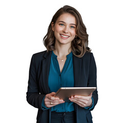 Confident professional woman with tablet ready to impress and achieve business goals.
