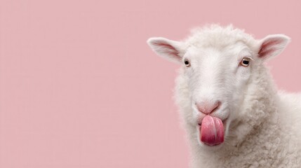 Fototapeta premium Playful sheep sticking out tongue against soft pink background
