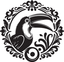 Naklejka premium Elegant Black and White Toucan Bird Design in Ornate Decorative Floral Frame