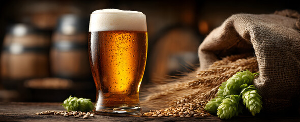 Craft beer surrounded by natural brewing elements including wheat and hops, highlighting rustic charm, brewing expertise, artisanal production, and authentic beverage culture concept