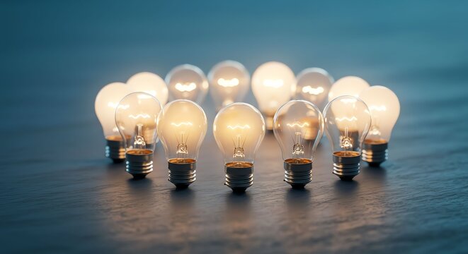 A circle of glowing incandescent light bulbs representing the power of collective brainstorming, shared innovation, and bright ideas