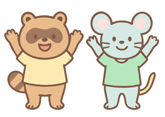 Fototapeta premium 手をあげて元気いっぱいのたぬきとねずみのキャラクター