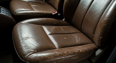 Fototapeta premium Detailed Close-Up View of a Worn and Cracked Brown Leather Car Seat, Showing Texture