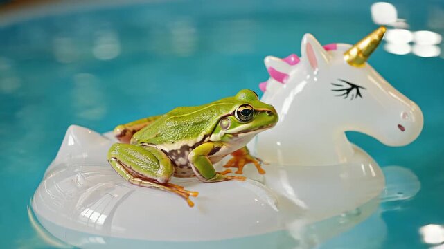 Realistic frog sitting on a pool float, cool summer vibe, bright reflections on water, playful and humorous composition1
