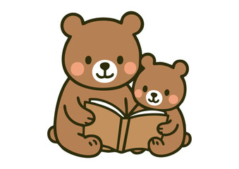 くまの親子が仲良く読書するかわいいイラスト