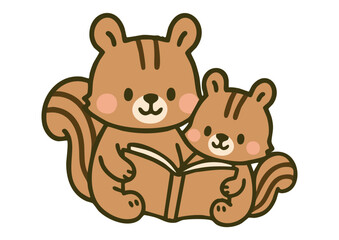 リスの親子が仲良く読書するかわいいイラスト