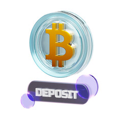 3D render of a golden Bitcoin symbol coin floating above a 'DEPOSIT' button with purple spheres.