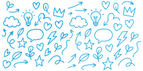 Line marker hand drawn brush arrow element set. Sketch pencil stroke vector graphic pen underline scribble icon. Hand drawn line heart, crown, star symbol highlight marker shape. Vector illustration