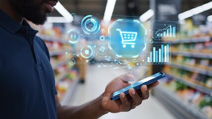 Black Man Using Mobile Phone with Virtual Shopping Icons in Supermarket Aisle - Powered by Adobe