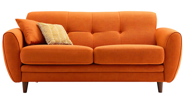 A modern orange couch with colorful pillows on a clean white background perfect for interior design concepts or furniture advertisements
