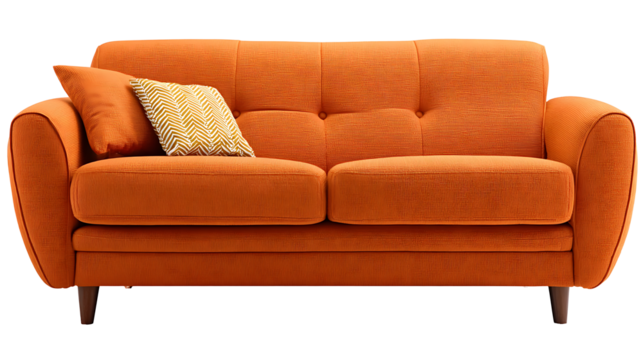 A modern orange couch with colorful pillows on a clean white background perfect for interior design concepts or furniture advertisements

