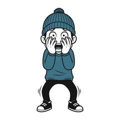 Startled and Apprehensive: A young man, donned in a warm hat and sweater, recoils with a look of stark panic. This image showcases the universal expression of fear.
