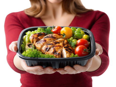 woman holding a plate with vegetables
