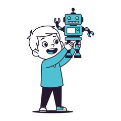 Young Innovator's Dream: A cheerful young boy with a big smile holds a small robot in his arms, representing the exciting future of technology.