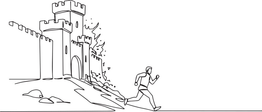 Single line drawing of a man running away from a crumbling ancie