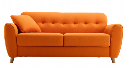 A modern orange couch with colorful pillows on a clean white background perfect for interior design concepts or furniture advertisements
