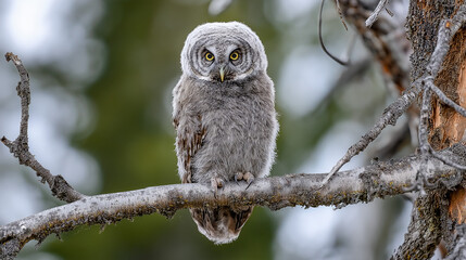 &ldquo;Young Great Horned Owl Sitting on a Tree Branch in Nature"