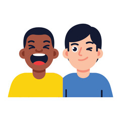 Joyful Companionship: Two young friends, one with a joyous laughter and the other a playful wink, share a moment of pure happiness, symbolizing friendship and camaraderie.