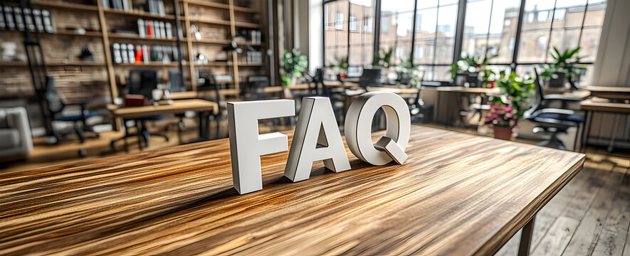 Frequently Asked Questions abbreviation shown as decorative letters on office desk with clean minimal design, highlighting customer service, business help, and professional workplace concept