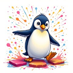 Naklejka premium a radiant penguin playing hopscotch, in a vibrant cartoon style with paint splashes on a white background.