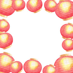 A watercolor illustration of several red Chinese lanterns arranged in a frame on a white background. Clip art, hand drawn, for designs related to festivals, celebrations, or Chinese New Year.