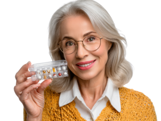 senior woman holding pills