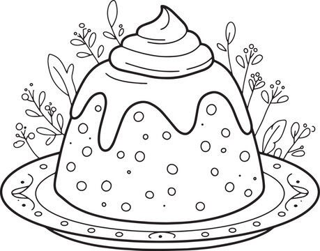 Charming plum pudding line art on a decorated plate for culinary