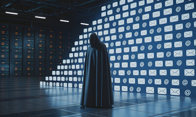 Mysterious Figure in a Dark Data Center with Email Symbols on a Wall, a Futuristic Cyberpunk Scene