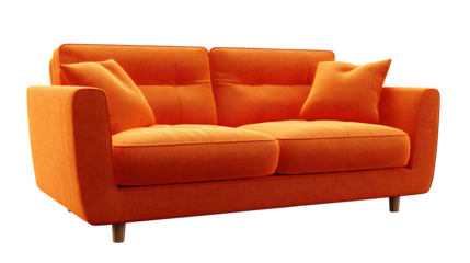 A modern orange couch with colorful pillows on a clean white background perfect for interior design concepts or furniture advertisements
