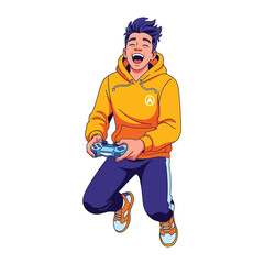 Joyful Gamer Embracing Victory: A jubilant young man, absorbed in a vibrant virtual world, is portrayed in an artistic style, a symbol of gaming passion