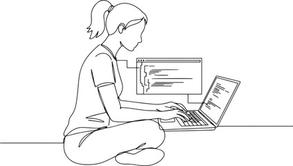 Minimalist line drawing of a woman programming on laptop with co