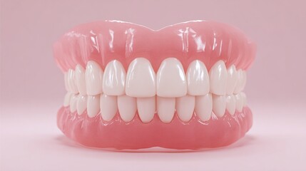 Full set of dentures against a pastel pink background, offering a clean and realistic representation of dental prosthetics and oral health solutions.