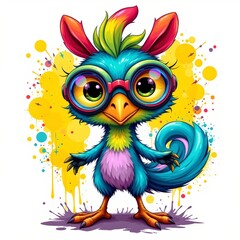 Fototapeta premium a imaginative cockatrice wearing goggles, in a vibrant cartoon style with paint splashes on a white background.