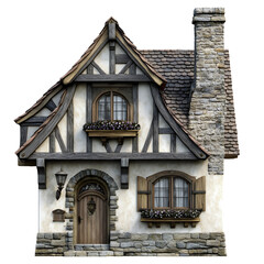 Medieval Style Cottage House Facade Isolated on White Background