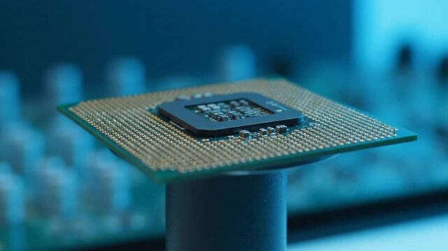 Macro Shot of Computer Processor Unit with Blue Background Highlighting Technology