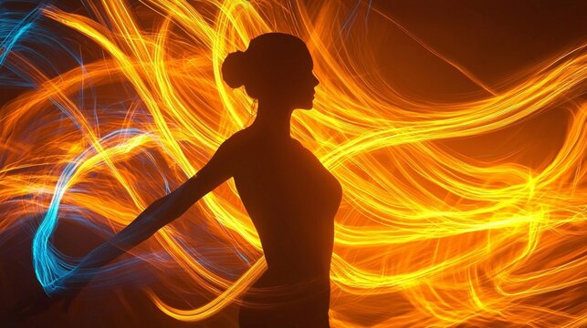 Silhouette of a woman dancing with glowing light trails in blue and orange colors, abstract futuristic energy flow, artistic motion concept and modern technology visualization background