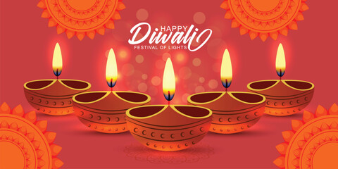 Happy Diwali, festival of lights in colorful banner template design with decorative diya lamp