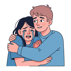 Comforting Embrace: A man tenderly embraces a tearful woman, symbolizing solace, support, and empathy in a moment of vulnerability.