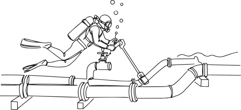 Underwater infrastructure maintenance in minimalist one-line art