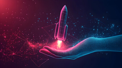 Naklejka premium Holographic rocket launch projection in a futuristic environment, symbolizing virtual reality, aerospace technology, innovation, science, and digital space exploration.