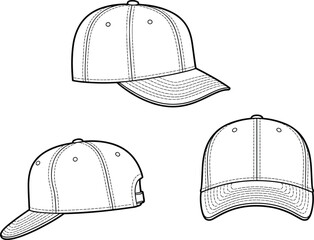 Baseball cap CAD drawing, flat vector illustration, hat technical sketch, headwear template, garment mockup, adjustable cap design, fashion accessory, detailed outline, production-ready file