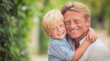 Fototapeta premium Affectionate dad and son embracing tightly. Father?s Day concept, familial love. Smiling blonde father and son.