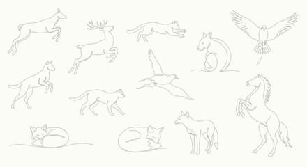 Obraz premium Elegant Continuous Line Art Illustrations of Various Wild Animals on a Clean White Background