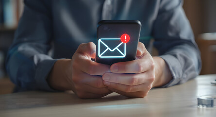 Close-up of a Person Holding a Smartphone Displaying an Email Notification with a Red Exclamation Point.