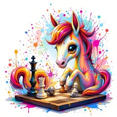 a sparkling foal playing chess, in a vibrant cartoon style with paint splashes on a white background.