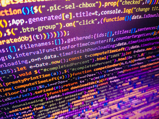 Big data concepts working in cyberspace environment. Selective focus effect. New technology revolution. Real Html code developing screen. Programming Source code photo