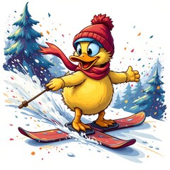 a friendly duck skiing down a slope, in a vibrant cartoon style with paint splashes on a white background.