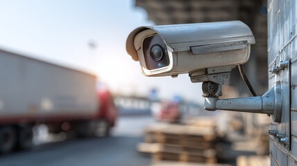 Surveillance camera secures a loading dock, ensuring safety and monitoring traffic. Gray housing blends with industrial backdrop, keeping watch over vehicles.